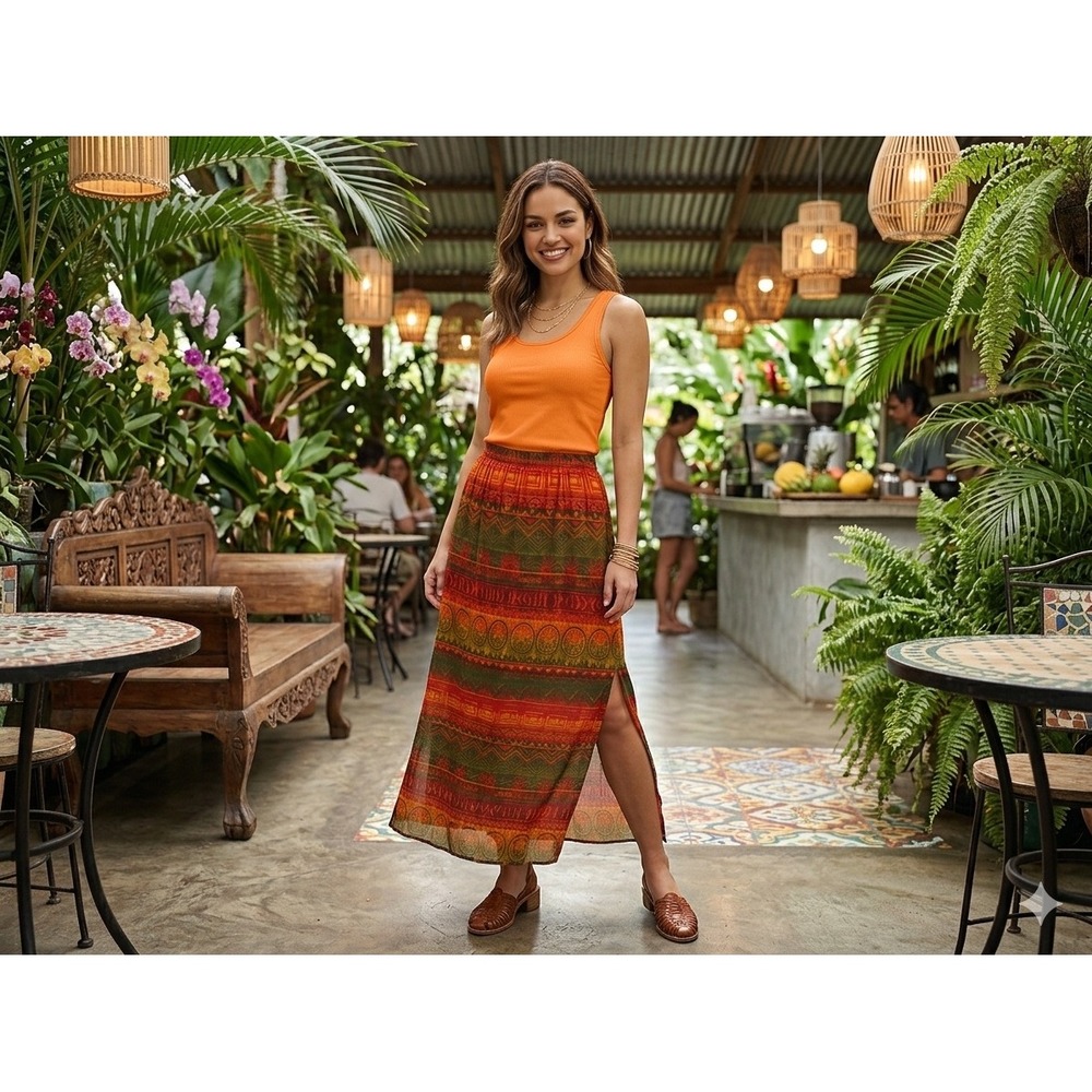 Chico's Design Womens Orange Tribal Print Rayon Maxi Skirt Size 3/XL